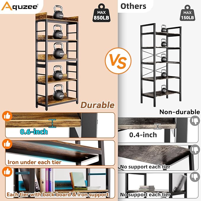 Aquzee Bookshelf, 66" H 5-Tiers Heavy Duty Industrial Shelving Wood & Metal Bookcase, Rustic and Black Tall Shelf Units for Home, Office, Living Room