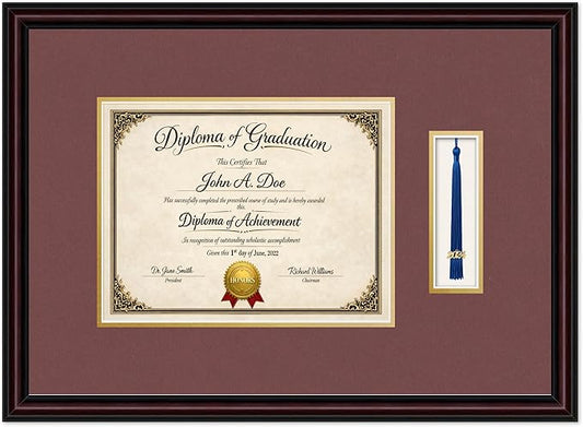 Diploma Frame with Tassel Holder 21.25 x 15.5 Executive Brown Shadowbox Dark Red Over Gold Mat - Fits 11 x 8.5 Degree Made in the USA