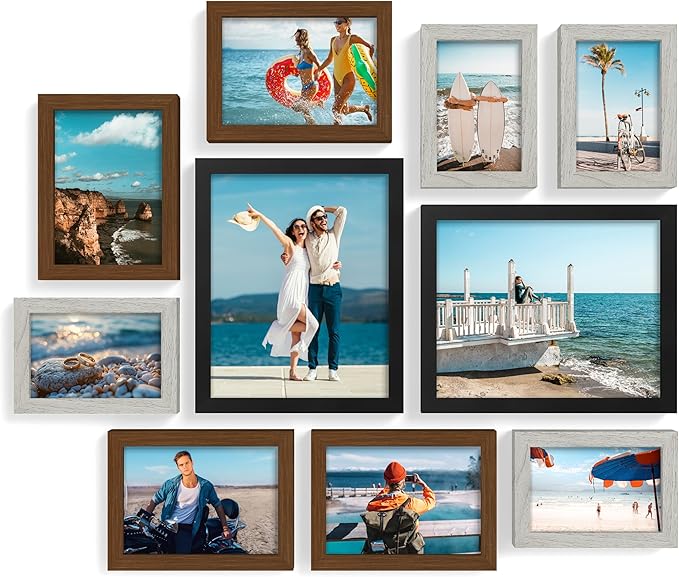 decorUhome Picture Frames Collage Wall Decor for Photo Gallery Display, Assorted Picture Frames set of 10 Including Two 8x10 / Four 5x7 / Four 4x6 for Family Wall Decor, Black/Brown/Grey, 10 Pack
