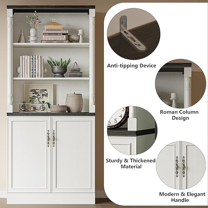 71'' Tall Bookshelf with Doors, Bookcase Storage Cabinets with 5-Tier & Adjustable Shelves, Wooden Deep Book Shelf Kitchen Pantry for Living Room, Office, Bathroom, Antique White