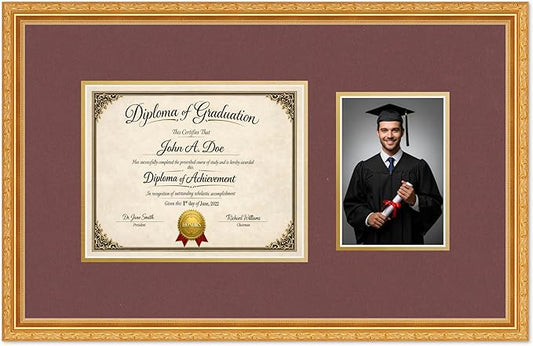 Diploma Frame With Photo Opening Museum Gold Dark Red Over Gold Mat - Fits 10 x 8 Degree and Picture Made in the USA