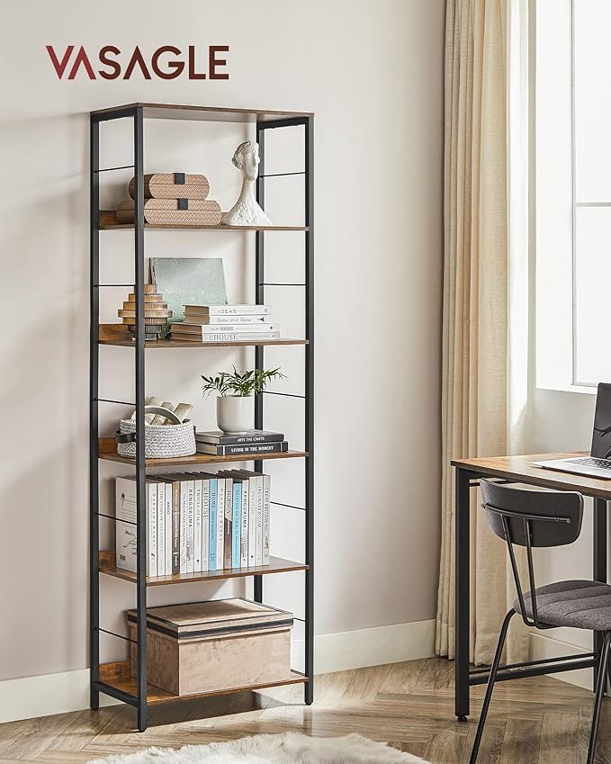 VASAGLE 6-Tier Bookshelf, Bookcase for Office, 11.8 x 23.6 x 70.1 Inches, Shelving Unit, with Back Panels, Industrial Style, for Living Room, Study, Home Office, Rustic Brown and Ink Black ULLS118B01