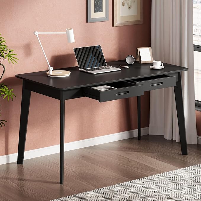 47 Inch Compact Computer Gaming Desk, Black Study Work Office Desk with 2 Storage Drawers, Rectangular Study Reading Table, Simple Computer Writing Table for Home Office, Living Room