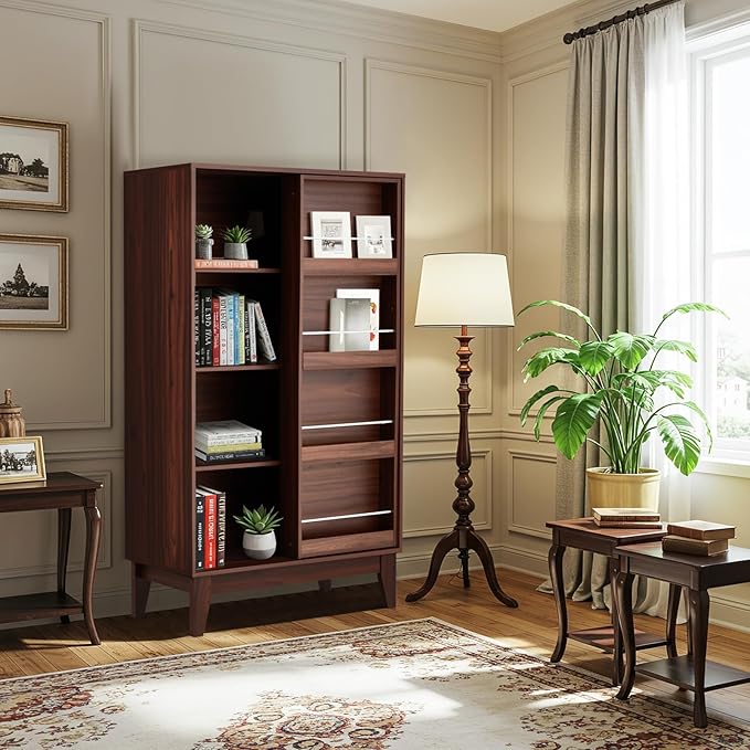 JOMEED 4 Tier Bookshelf with Sliding Door and Magazine Rack, Double Wide Modern Bookcase with Sturdy Legs, Floor Standing Display Book Cabinet for Living Room, Bedroom, Library, Office Walnut