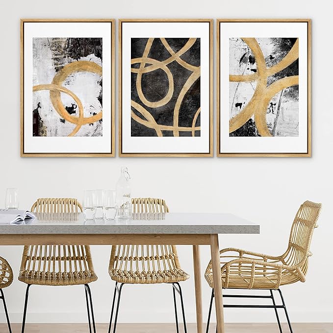 SIGNLEADER Framed Canvas Print Wall Art Set Gold Black Circle Ring Spiral Collage Abstract Shapes Illustrations Modern Art Decorative Contemporary for Living Room, Bedroom, Office - 16"x24"x3 NATURAL