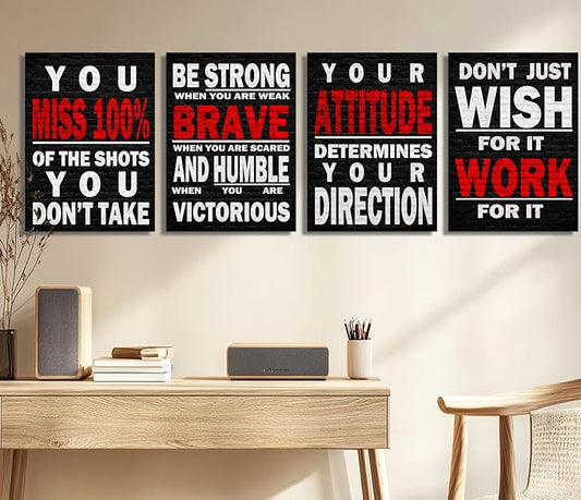 Inspirational Wall Art Poster Quote Motivational Wall Art for Office Living Room Bedroom Gym Black and White Red Positive Quotes Funny Office Wall Decor Sign 4 pieces