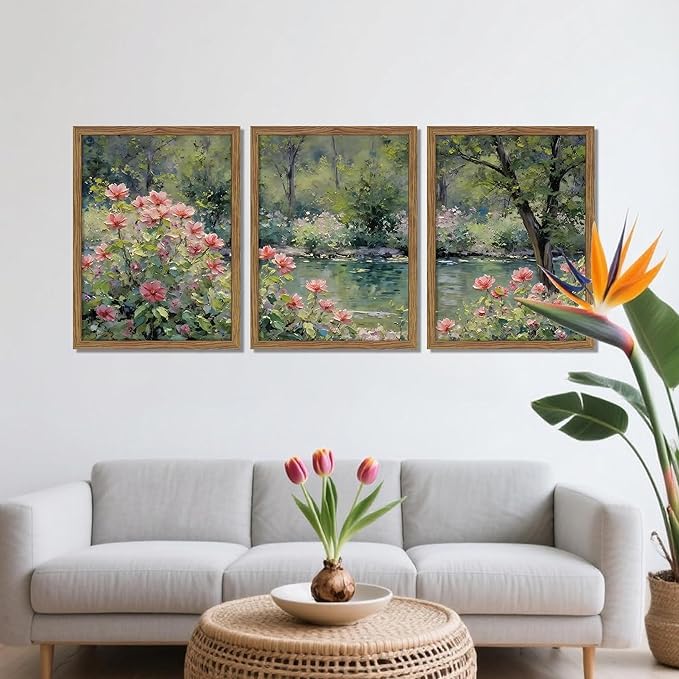 Framed Monet Wall Art Set of 3, Impressionist Botanical Floral Canvas Wall Decor, Vintage Cottagecore Artwork Paintings, Nature Landscape Flowers Prints Pictures for Living Room Bedroom 16x24 Inch