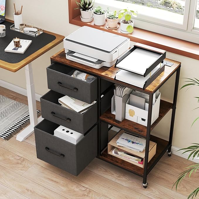 GOFLAME 3 Drawer Mobile File Cabinet with Charging Station, Rolling Printer Stand with Open Storage Shelves, Wooden Storage Cabinet on Wheels for Home Office (Rustic Brown and Gray)