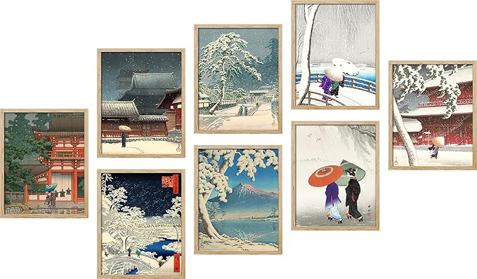 SIGNWIN Poster Wall Art Set of Two Women in The Rain, Two Women in The Snow, Walking by a Temple on a Snowy Day for Living Room, Bedroom, Office - 12"x16"x 8