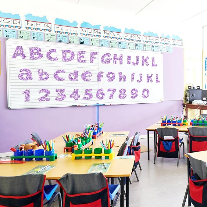 Colarr 216 Pcs Glitter Bulletin Board Letters for Classroom Number Alphabet Punctuation Symbol Cutout 4'' Die-Cut Poster Letter with Adhesive Dot School Party Holiday Decor Display(Violet)