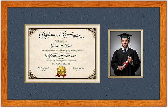 Diploma Frame With Photo Opening Honey Oak Navy Blue Over Gold Mat - Fits 11 x 8.5 Degree and Picture Made in the USA