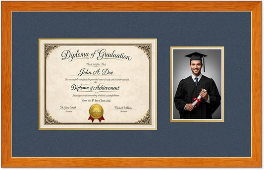 Diploma Frame With Photo Opening Honey Oak Navy Blue Over Gold Mat - Fits 11 x 8.5 Degree and Picture Made in the USA