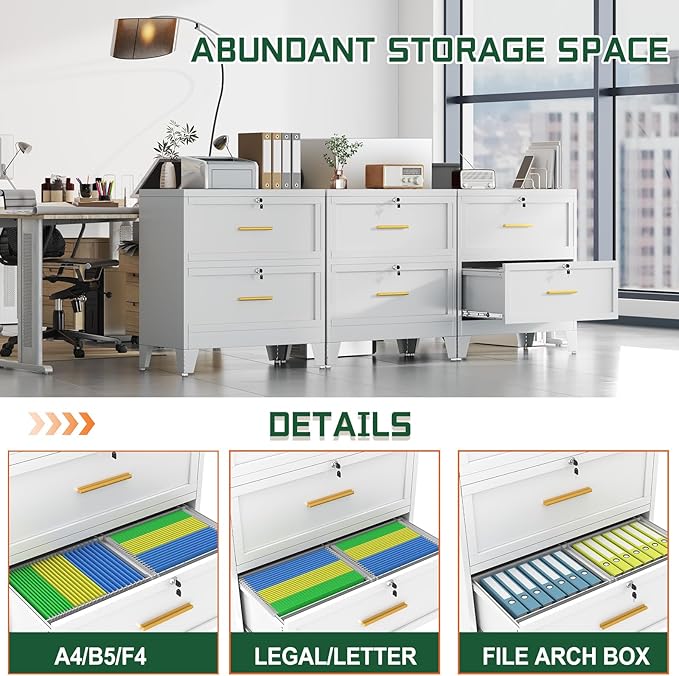 2 Drawer File Cabinet with Lock, Metal Lateral File Cabinets for Home Office, Steel Wide Filing Organization Storage Cabinets, Home Office Furniture for Hanging Files Letter/Legal/F4/A4 Size