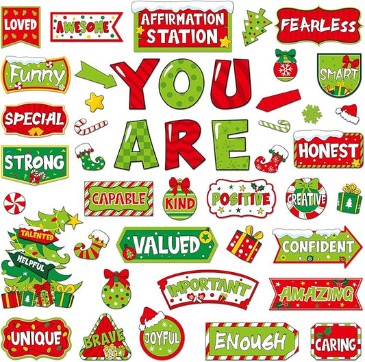 45pcs Bulletin Board Set Motivational Posters Classroom Mirror Growth Mindset Decor Positive Affirmations Accents Cutouts for School Office Home Teacher Wall (Green Christmas)