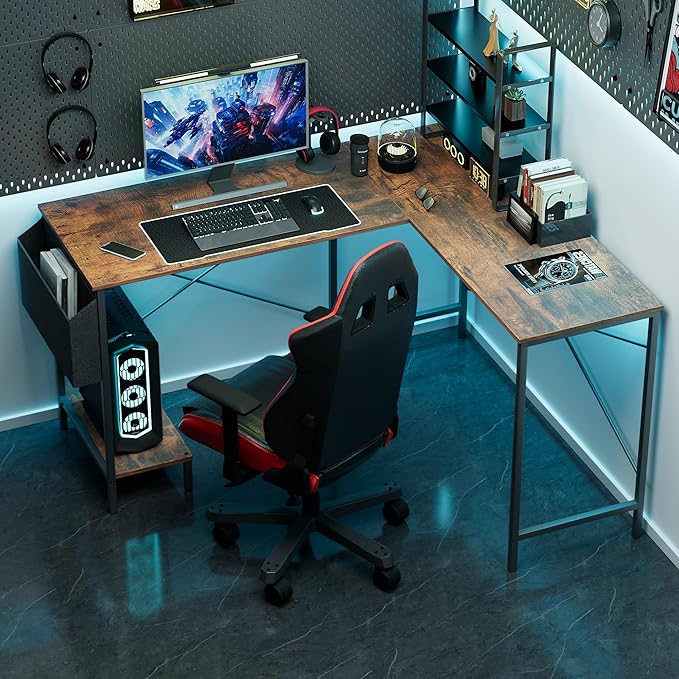 L Shaped Desk - 50" Reversible Home Office Computer Desk, Wood Top, Metal Frame, Side Bag, Sturdy Gaming Desk Corner Table for Work, Writing and Study, Space-Saving