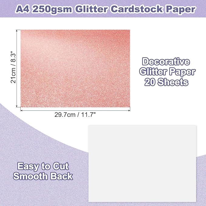 PATIKIL 20Sheets Rose Gold Glitter Cardstock, 8.3x11.7 in A4 Glitter Paper Card Stock Shiny Scrapbook 250gsm Sparkly Paper Large Shimmer for Crafts Scrapbook DIY Art Wedding Party