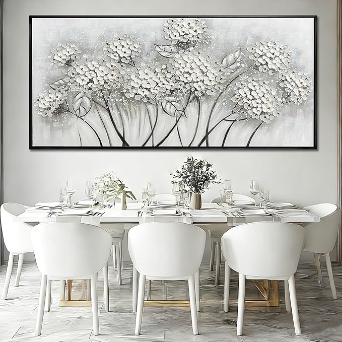 Kureful Grey and White Hand Painted Wall Art Flower Canvas Artwork Contemporary Oil Paintings 40"x86" Decorations for Bedroom Office