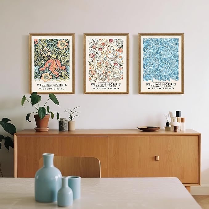 SYWENNOI 3 Pieces William Morris Textured Canvas Wall Art, Green Blue and Beige Botanical Designs Wall Decor, Vintage Floral Art Prints for Living Room Bedroom Home Decoration 16x24 Inch Wood Frames