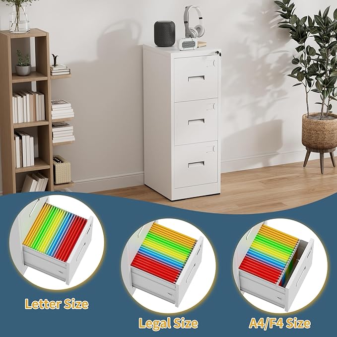 3 Drawer File Cabinet with Lock, Vertical Filing Cabinets for Home Office, Heavy Duty File Cabinet, Metal Storage Cabinets for Letter/Legal/A4/F4 Size Assembly Required, White