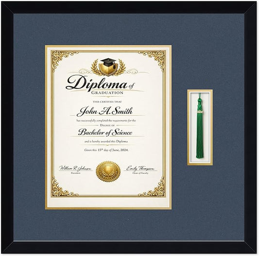CountryArtHouse Diploma and Tassel Frame Fits 10 x 13 College Diploma (Portrait Traditional) Matte Black Genuine Hardwood Shadowbox with Navy Blue Over Metallic Gold Double mat