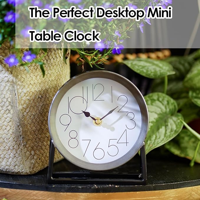Modern Silvery Table Clock on Stand – Decorative Desk & Shelf Mantel, Farmhouse Non-Ticking, Home Décor for Living Room, Bedroom, Bedside, Office – Elegant Gift (Silvery)