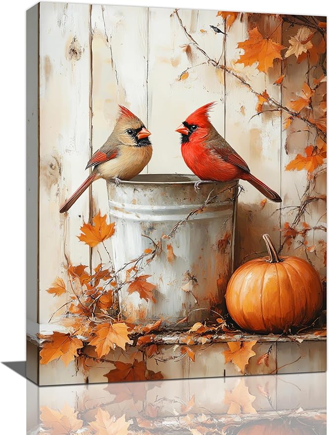 Fall Cardinal Wall Art Autumn Pumpkin Leaf Pictures Wall Decor Cardinals Canvas Painting Modern Artwork Home Decoration for Living Room Bathroom Bedroom Office Framed 12"x16"