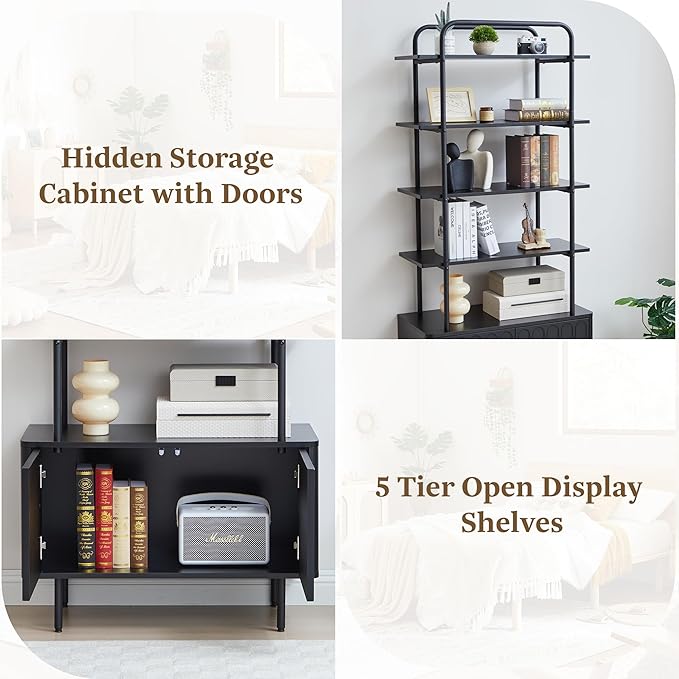 71" Tall Bookshelf with Door, 6-Tier Bookcase Modern Metal Book Shelf with Open Shelves & Adjustable Footpad Freestanding Storage Cabinet for Living Room, Home Office (Black)