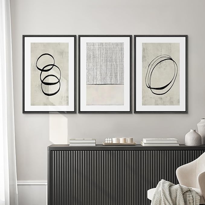 SIGNWIN Framed Canvas Print Wall Art Set Geometric Ring Grid Landscape Graffiti & Street Art Abstract Cozy Neutral Modern Art Decorative Nordic for Living Room, Bedroom, Office - 16"x24"x3 Black