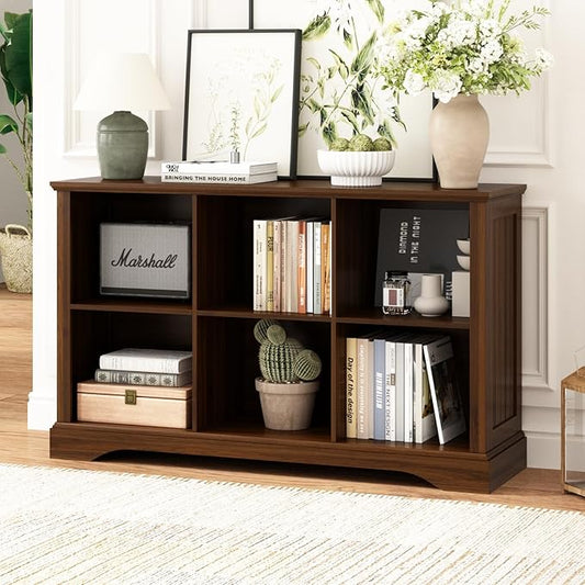 6 Cube Storage Organizer - 47.4" Farmhouse Wood Low Bookshelf, 3 Tier Horizontal Open Shelf Bookcase Cubby Storage Console Cabinet for Living Room, Entryway, Office, Walnut