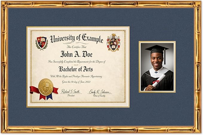 CountryArtHouse Fits 14 x 11 College Diploma (Modern) and 5 x 7 Photo Diploma and Photo Frame Gold Bamboo Genuine Hardwood with Navy Blue Over Metallic Gold Double mat