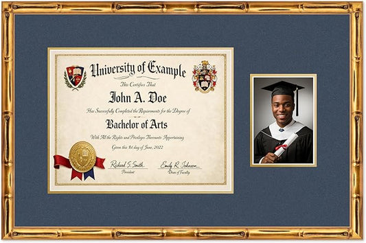 CountryArtHouse Fits 14 x 11 College Diploma (Modern) and 5 x 7 Photo Diploma and Photo Frame Gold Bamboo Genuine Hardwood with Navy Blue Over Metallic Gold Double mat