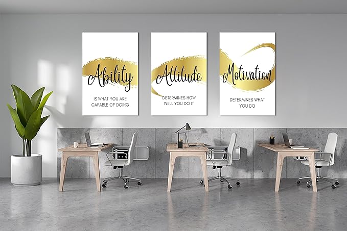 3 Piece Office Canvas Wall Art, Gold Motivational Quotes Canvas Print Pictures Wall Decor for Office, Men Women Inspirational Framed Artwork Home Office Decor 24"x36" x 3 Pcs