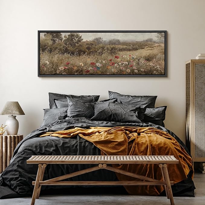 SIGNFORD Large Framed Canvas Wildflower Meadow in Soft Fog Vintage Nature Illustrations Modern Art Calm Warm for Living Room, Bedroom, Office - 60"x20"