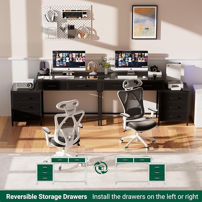 Unikito Reversible Computer Desk with 5 Drawers, Sturdy Office Desk with Power Outlets and USB Ports, Corner Writing Table with File Cabinet & Printer Stand, Vanity Desk with Storage, Black