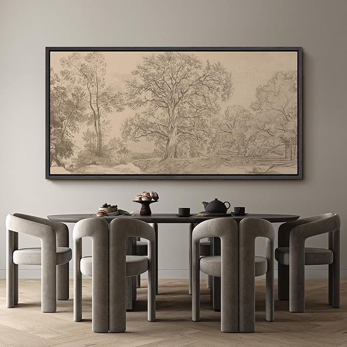 SIGNFORD Extra Large Framed Canvas Vintage Tree Line Pencil Drawing Classic Illustrations Modern Art Calm Warm for Living Room, Bedroom, Office - 60"x30"