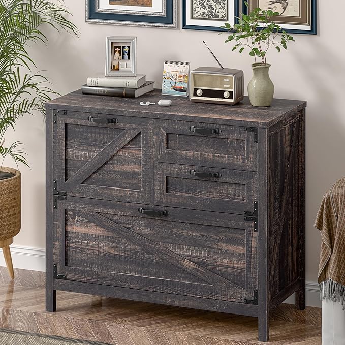 Vabches 4-Drawer Wood Lateral File Cabinet for Hanging Files Letter/A4/Legal Size, Large Farmhouse File Cabinets for Home Office, Printer Stand with Office Cabinets, Office Furniture, Dark Rustic Oak