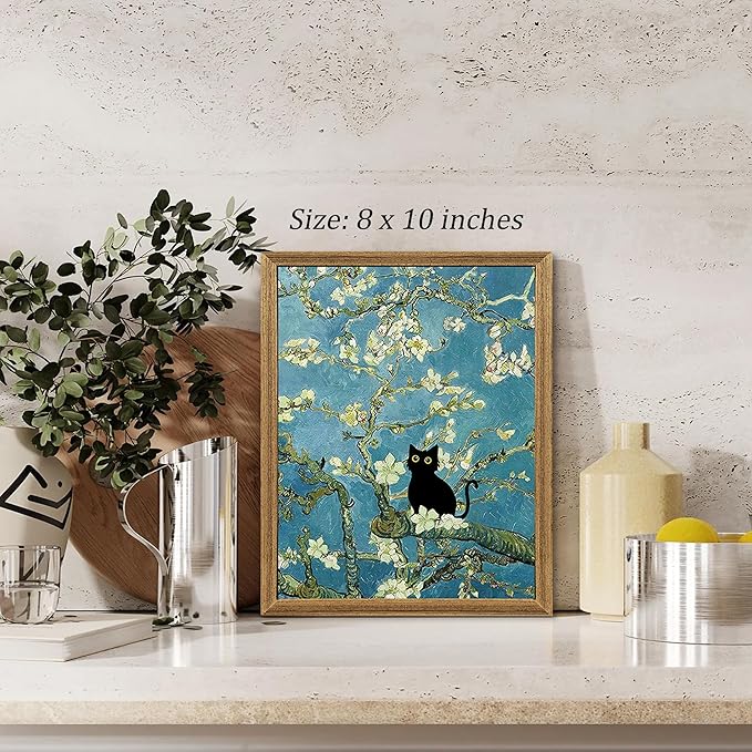 Fantasy Artists Van Gogh's Almond Blossom Funny Black Cat Canvas Wall Art, Oil Painting Posters Home Decor, Vintage Abstract Aesthetic Wall Decorations for Living Room Bedroom, 8" X 10"