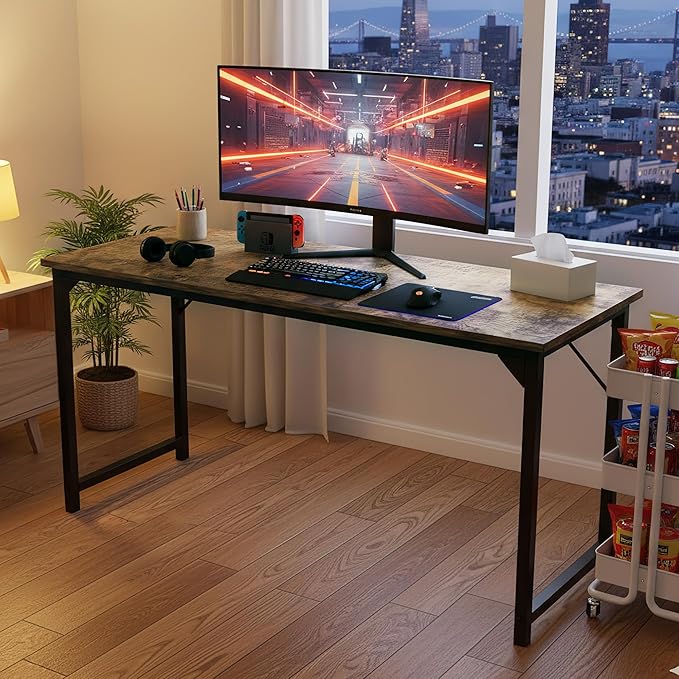 OLIXIS 63 Inch Computer Office Desk for Small Spaces, Writing Gaming Work Desk Modern Study Table with Storage Bag & Headphone Hook Home Bedroom, Rustic Brown