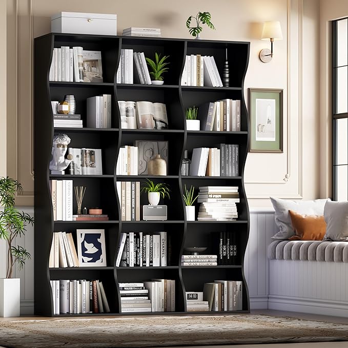 71" Triple Wide Bookshelf, 6 Tier Tall Bookcase with Storage, Large Book Shelves with 18 Open Display Shelves, Black Bookcase for Living Room, Study, Home Office, Library (Black)