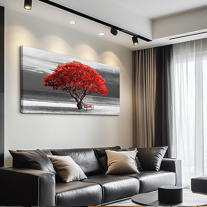 wall art for living room Decorations Photo Prints - panoramic black and white with red trees The moon Landscape - Modern Home Decor The room Stretched and Framed Ready to Hang artwork 20x40inches