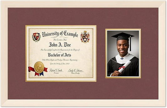 CountryArtHouse Fits 10 x 8 Professional License and 5 x 7 Photo Diploma and Photo Frame Coastal Whitewash Genuine Hardwood with Dark Red Over Metallic Gold Double mat