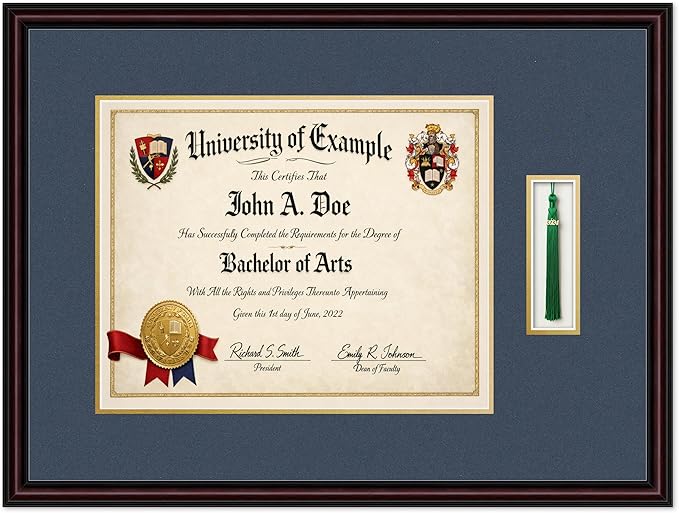 Diploma and Tassel Frame Fits 15 x 12 Military/Government with Tassel Ho Executive Brown Genuine Hardwood Shadowbox with Navy Blue Over Metallic Gold Double mat