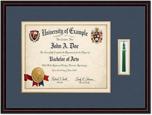 Diploma and Tassel Frame Fits 15 x 12 Military/Government with Tassel Ho Executive Brown Genuine Hardwood Shadowbox with Navy Blue Over Metallic Gold Double mat