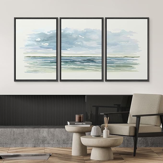 SIGNWIN Framed Canvas Print Wall Art Set Blue Watercolor Ocean Scene Coastal Beach Horizon Illustrations Modern Art Decorative Abstract for Living Room, Bedroom, Office - 24"x36"x3 Black