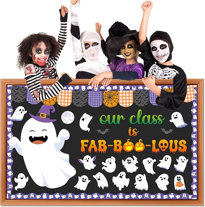 Halloween Ghost Bulletin Board Set Boo Ghost Bat Patterned Classroom Decorations Cute Halloween Paper Cutouts for Office School Birthday Chalkboard Wall Door Decor