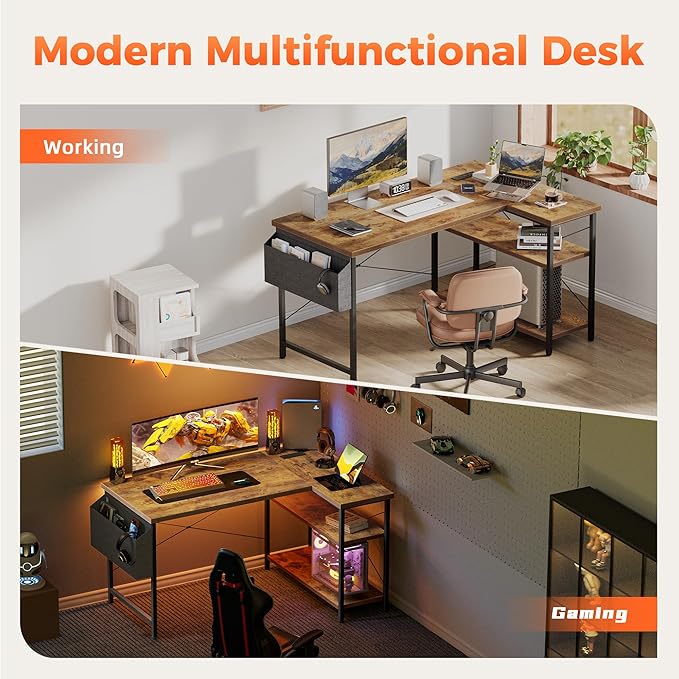 Mericonia Small L Shaped Computer Desk with Power Outlets, Reversible Gaming Desk with Storage Shelves, Corner Gamer Desk Table, Study Writing Table