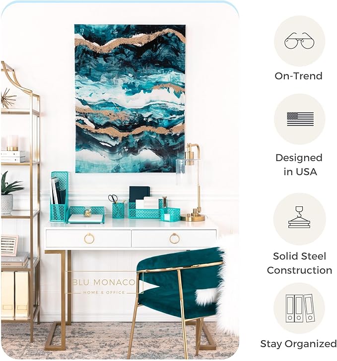 BLU MONACO | Dark Teal Desk Organizer Set 6 Piece | Mail Sorter Organizer Countertop with Standing File Organizer | Mesh Pen Holders Desktop Office Set