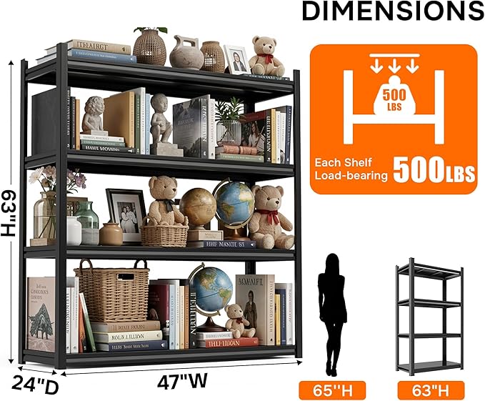 4 Tier Bookshelf, Tall Bookcase Shelf Storage Organizer, Modern Book Shelf for Bedroom, Living Room and Home Office, Vintage,47Wx24Dx63H