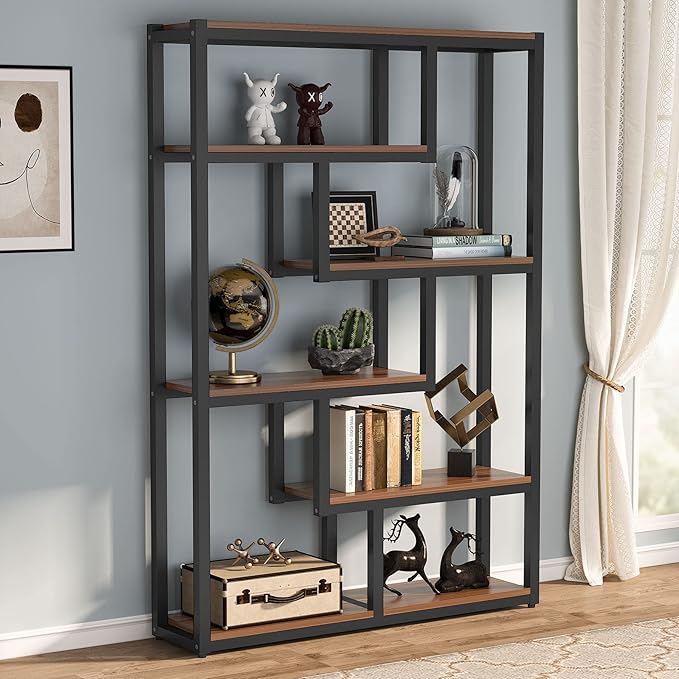 Tribesigns 6-Shelf Industrial Bookshelf Set of 2, Vintage Etagere Bookcase, 69 Inch Tall Storage Display Staggered Shelves with Sturdy Metal Frame for Home Office, Dark Walnut