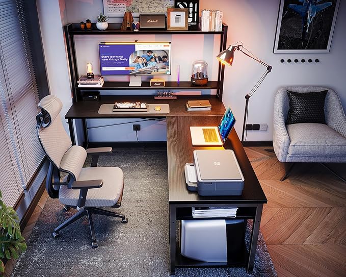 ODK L Shaped Gaming Desk with Hutch, Computer Desk with Storage Shelves, 66" L Shaped Desk for Home Office, Corner Desk with Headphone Hook, Black